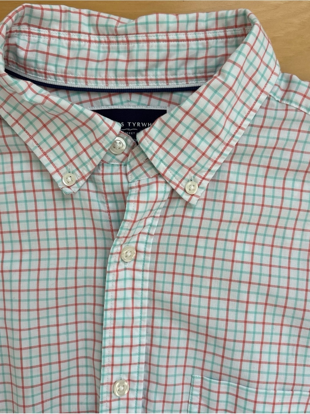 Charles Tyrwhitt White Shirt with Coral and Aqua Windowpane Check Sz L